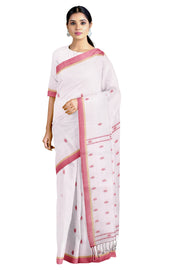 White Saree with Beige and Red Border and Butis