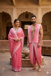 Traditional Handloom Joda Set in Pink with Butis and White Border
