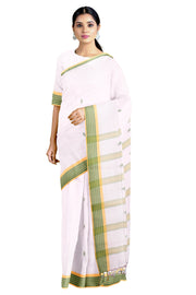 White Saree with Yellow and Green Border and Butis