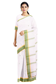 White Saree with Yellow and Green Border and Butis