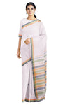White Saree with Orange, Green and Blue Border and Butis