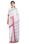 White Saree with Blue and Red Border and Butis