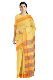 Yellow Saree with Blue and Orange Border and Butis