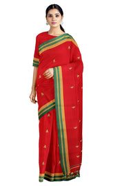 Red Saree with Buti and Green, Yellow Striped Border