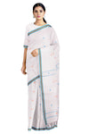 White Saree with Blue and Orange Border and Butis