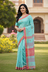 Cyan Saree with Yellow, Magenta and Orange Border and Butis