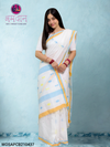 White Saree with Butis and Sky Blue, Orange Border