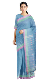 Blue Saree with Green and Pink Border