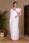 White Saree with Butis and Pink Border