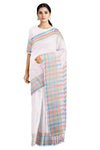 White Saree with Blue, Red and Green Border and Butis