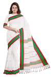 White Saree with Green and Red Border and Butis