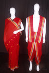 Red Couple Set with White, Green, Orange and Yellow Border and Butis in Saree