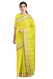 Lemon Yellow Saree with Butis and Green, Cream Border