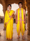 Yellow Couple Set with Red, White and Blue Border and Lined Butis in Saree
