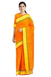 Orange Saree with Green, Yellow and Red Border and Lined Butis