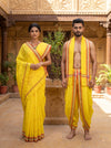 Yellow Couple Set with Red, White and Blue Border and Butis in Saree