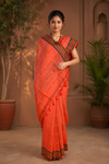 Orange Saree with Maroon, Blue and Yellow Border and Lined Butis