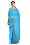 Azure Blue Saree with Buti and Black, White and Pink Striped Border