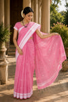 Pink Saree with Magenta and White Border and Butis