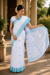 White Saree with Green and Blue Border and Butis