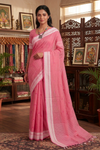 Pink Saree with White and Magenta Border and Butis