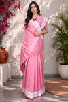 Pink Saree with White and Magenta Border and Butis