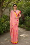 Pink Peach Saree with Red and Yellow Border and Butis