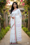 White Saree with Yellow, Magenta, Orange and Green Border and Butis