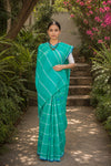 Green Saree with White and Blue Checks, Border and Butis