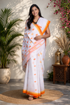 White Saree with Yellow and Orange Border and Butis