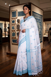 White Saree with Blue Border and Butis