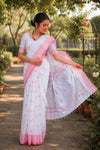 White Saree with Melon and Cerise Red Border and Butis
