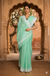Green Saree with White Border and Multi Colour Butis in Pallu