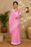 Pink Saree with White Border and Lined Butis