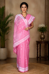 Pink Saree with White Border and Lined Butis