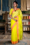 Yellow Saree with Green Lined Butis and Orange Border
