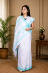 White Saree with Blue Border and Butis