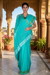Cyan Saree with White and Green Border and Butis in Pallu