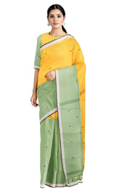 Green and Yellow Saree with White and Green Border and Butis