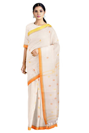 Off White Saree with Beige, Yellow and Orange Border and Butis
