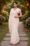 Ivory White Hand Spun Hand Woven Saree with Yellow and Red Border and Butis