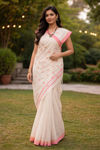 Off White Hand Spun Hand Woven Saree with Red and Yellow Border and Butis
