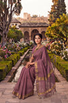 China Rose Striped Saree with Golden Zari Border