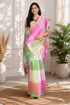 Green, Pink and White Check Saree with Multi Colour Border