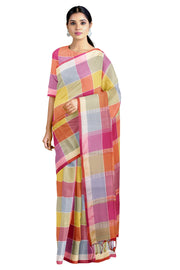Multi Colour Mercerised Check Saree with Golden White and Magenta Border