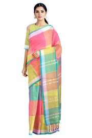 Multi Colour Mercerised Check Saree with White and Green Border