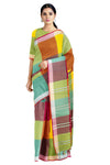 Multi Colour Mercerised Check Saree with White and Red Border