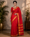 Red Mercerised Saree with Golden Zari Border