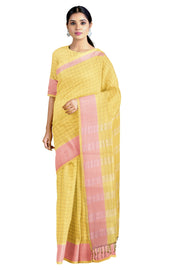 Yellow Saree with Maroon Checks and Magenta and White Lining Border