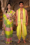 Yellow and Multi Colour Couple Set with White, Green and Pink Border
